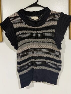 Elan Blue and greyish Striped Open-Knit Short Sleeve Sweater